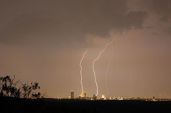 Lightning strikes over downtown Tulsa, Oklahoma.