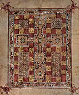 Cruz integrada en una página tapiz en los Evangelios de Lindisfarne.