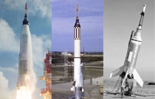 Launch vehicles: 1. Mercury-Atlas (orbital flights). 2. Mercury-Redstone (suborbital flights). 3. Little Joe (uncrewed tests) Mercury-launch-vehicles.png