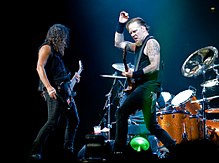 Metallica performing in London in 2008 Metallica London 2008-09-15 Kirk and James.jpg