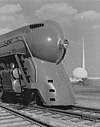 The front of a NYC streamlined Hudson locomotive at the New York World's Fair in 1939