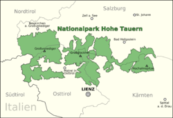 Zeleně vyznačené území národního parku Vysoké Taury