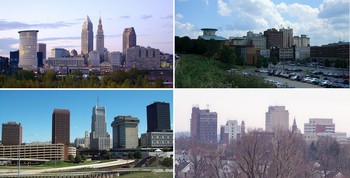 (Counterclockwise from top) Skylines of Cleveland, Akron, Canton, and Youngstown