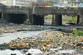 Inquinamento da scarico incontrollato di rifiuti urbani in un corso d'acqua. Mumbai (India). Questo tipo di inquinamento può essere così pervasivo da provocare ostruzioni nell'alveo, con conseguenze sul regime stesso del corso d'acqua.