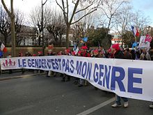 "Le gender, c'est pas mon genre" (gender is not my gender / gender, that is not my kind of thing), demonstration of La Manif pour tous in Paris, 2 February 2014. Paris - La Manif pour Tous - 20140202 - 8.jpg