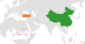 Mapa indicando localização da China e da Turquia.