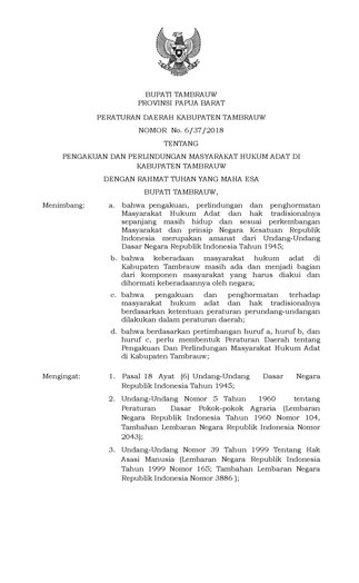 Peraturan Daerah Kabupaten Tambrauw Nomor 06/37/2018 tentang Pengakuan dan Perlindungan Masyarakat Adat di Kabupaten Tambrauw