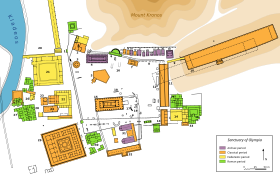 Olympia site map: #4 Temple of Hera is in dark purple (top center). The long ancient Olympic stadium is at far right. Plan Olympia sanctuary-en.svg