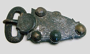 Merovingian buckle, 7th century; bronze plated...