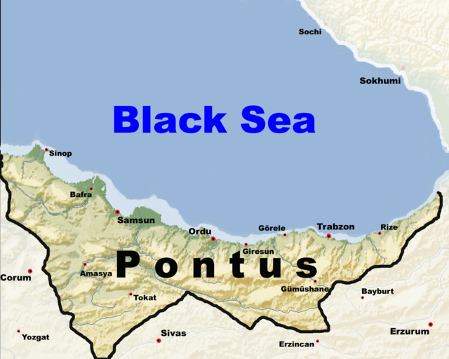 Mapa da "República do Ponto", um estado independente para os gregos pônticos proposto no início do século XX, após a Primeira Guerra Mundial, o qual corresponde a uma definição moderna do Ponto