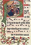 Der Weihnachts-Introitus „Puer natus est“ in gregorianischer Quadratnotation. Choralbuch aus dem Klarissenkloster Bamberg (entstanden um 1500)