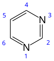 Structural diagram of pyrimidine, a cyclic aromatic chemical structure of four carbon atoms and two nitrogen atoms, the later in positions 1 and 3