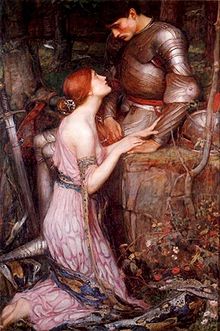 The Middle Ages in art: a Pre-Raphaelite painting of a knight and a mythical seductress, the lamia (Lamia by John William Waterhouse, 1905) Redgirl and knight01.jpg