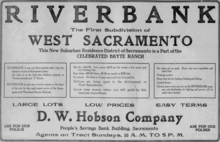 Newspaper advertisement for Riverbank, "The First Subdivision of West Sacramento", by D.W. Hobson Company