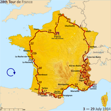 Route of the 1934 Tour de France followed clockwise, starting in Paris