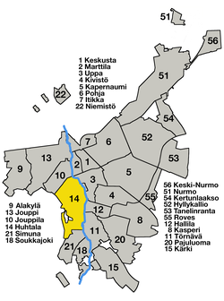 Kaupungin kartta, jossa Huhtala korostettuna.