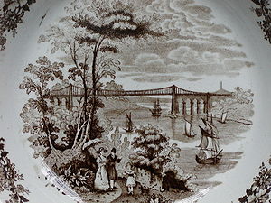Le Menai Bridge représenté sur un plat de grès du Staffordshire, vers 1840 (Coll. J L Runeberg).