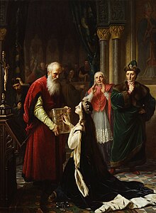 A crowned young woman on her knees with her hand on the Bible which is held by an old bearded man