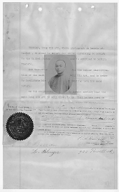 An 1894 notarized statement by witnesses attesting to the identity of Wong Kim Ark. A photograph of Wong is affixed to the statement. Sworn Statement of Witnesses verifying Departure Statement of Wong Kim Ark.gif
