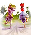 Comparación del Tyrannosaurus con un pollo. Se puede observar los brasos encogidos que no le podría mantener en equilibrio.