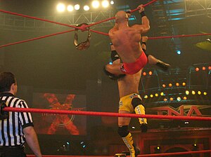 Two men, one wearing red trunks and the other wearing yellow trunks, hanging from red crossed ropes that form an "x" above a wrestling ring as a referee watches.