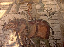 Një rinoceront i përshkruar në një mozaik romak në Villa Romana del Casale, një vend arkeologjik pranë Piazza Armerina në Sicili , Itali
