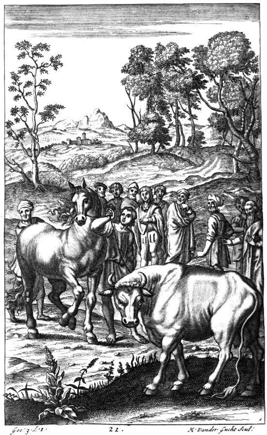 Illustration of Georgic 3, line 1, "Thy Fields, propitious Pales, I reherse"