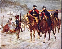 Painting showing Washington and Lafayette on horseback in a winter setting, at Valley Forge