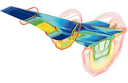 Компьютерное изображение напряжения и ударных волн, испытываемых летательным аппаратом, движущимся на высокой скорости