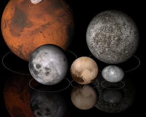 (павялічаная рэпрадукцыя ніжняй часткі верхняй выявы): Марс і Меркурый; ніжэй: Месяц, карлікавыя планеты Плутон і Хаўмеа.