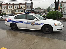 A Baltimore Police Department patrol car, May 2018 2016-05-11 18 45 30 Baltimore City Police Car at the intersection of Franklin Street (U.S. Route 40) and Franklintown Road in Baltimore City, Maryland.jpg