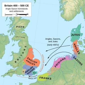 Spread of Angles (red) and Saxons (blue) around 500 AD