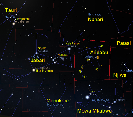 Arinabu (kundinyota) Kundinyota Arinabu (Lepus) (CC BY-SA 4.0 © 2004-2016 Fabien Chereau et al. Stellarium)