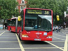 Arriva London Mercedes-Benz Citaro O530G on route 38 at the intersection of Tottenham Court Road & Shaftesbury Avenue in July 2008 Arriva London MA90.JPG