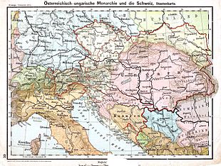 A map showing Austria-Hungary, northern Italy, and the northern Adriatic Sea. The internal divisions of Austria and Hungary are shown as well.