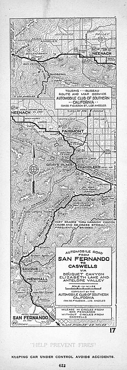 Automobile road from San Fernando to Caswells via Bouquet Canyon, Elizabeth Lake and Antelope Valley, 1922