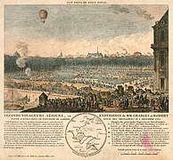 Erster Wasserstoff-Ballonflug in Paris 1783. Runde Einsatzkarte mit Flugstrecken (gepunktet)