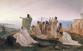 Pythagoreans Celebrate the Sunrise (1869) by Fyodor Bronnikov. Pythagoreanism is one example of a Greek philosophy that also included religious elements. Bronnikov gimnpifagoreizev.jpg