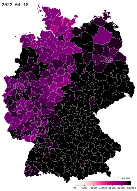 Подтверждённые случаи заражения по районам Германии (на 100 тысяч жителей)
