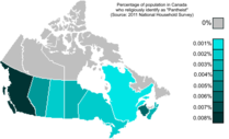 Canadian pantheist population by percentage (2011 National Household Survey) Canada Pantheism distribution map.png