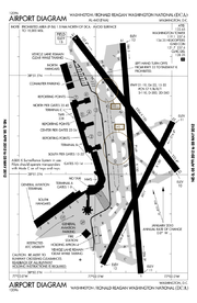 A map with a grid overlay showing the terminals runways and other structures of the airport.