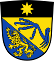 Gemeinde Mödingen Unter schwarzem Schildhaupt, darin ein achtstrahliger goldener Stern, schräg geteilt von Gold und Blau; oben eine aus dem linken Schildrand wachsende blauer Adlerkralle, unten ein steigender goldener Löwe.