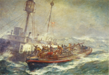 1974 postage stamp marking the Royal National Lifeboat Institution's 150th anniversary (rescue of Daunt Lightship's crew by Ballycotton lifeboat RNLB Mary Stanford. Artist: B. F. Gribble) DauntRescueGribble.png