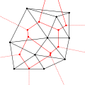 连接外接圆圆心即产生沃罗诺伊图，在此以红线表示。
