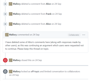 Comment moderation on a GitHub discussion, where a user called Mallory has deleted several comments before closing the discussion and locking it Deleted comments.png