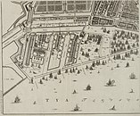 De kaart van Gerrit de Broen met veer midden in de Nieuwe Vaart, net boven de Oosterkerk