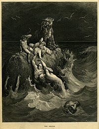 The Deluge, frontispiece to Gustave Dore's illustrated edition of the Bible. Based on the story of Noah's Ark, this engraving shows humans and a tiger doomed by the flood futilely attempting to save their children and cubs. Gustave Dore - The Holy Bible - Plate I, The Deluge.jpg