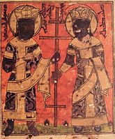 Constantine and Helen, with Seljuq-style crowns and Near-Eastern clothing with tiraz bands.[6]