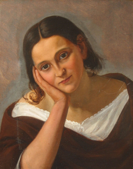 Portræt af mørkhåret pige i hvid bluse og mørkerødt sjal. (Ml. 1860 og 1916)