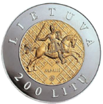 민다우가스의 대관식 750주년을 기념하여 발행한 리투아니아의 200 리타스 주화